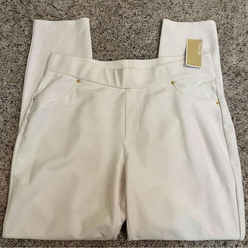 Michael Kors Cream Straight-Leg Ponte Pants with Gold Accents